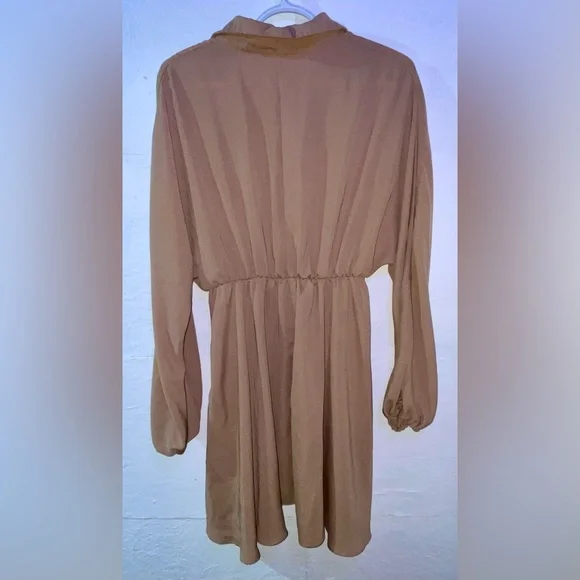 Tan Long Sleeve Dress Medium Empire Waist Collared Balloon Sleeve - Picture 5 of 6